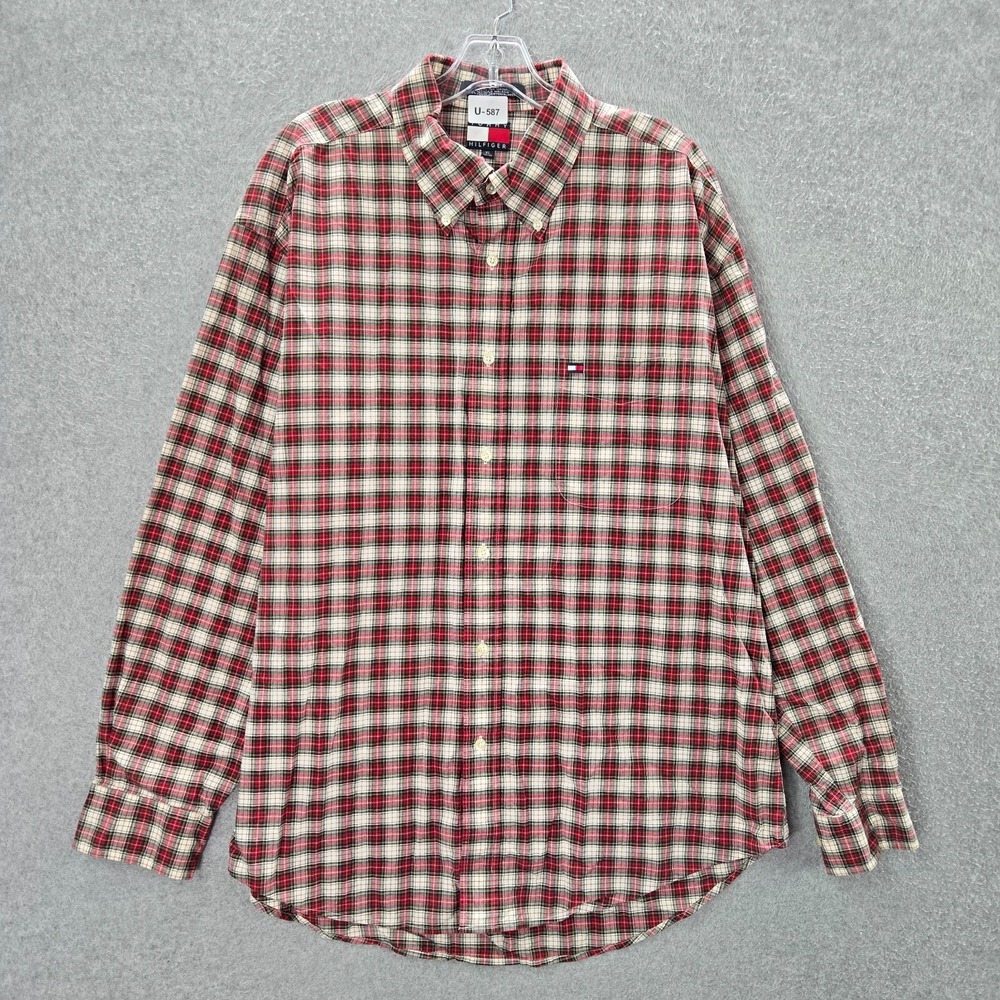 Tommy Hilfiger‎ Men Button Up Shirt XL Red Plaid Logo Long Sleeve Collar